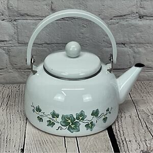 Corelle Callaway Ivy Tea Kettle Enamelware Vintage Kitchen Decor White Handle